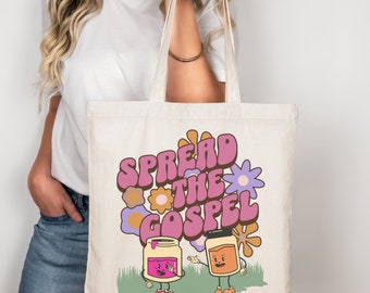 Christian Retro Canvas Tote Bag, Vibrant Spread the Gospel Bag with 80's Charm, Great as A Gift for Bible School Graduates, Retro Tote