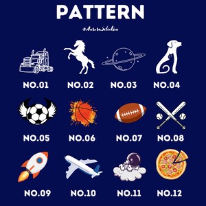 May include: A chart displaying 12 different patterns, each numbered with a white outline. The patterns include a semi-truck, a horse, a planet with rings, a dog, a football with wings, a basketball with orange and yellow paint splatters, an American football, two baseball bats crossed with baseballs, a rocket ship, an aeroplane, a cartoon astronaut in a cloud, and a pizza with pepperoni and sausage.