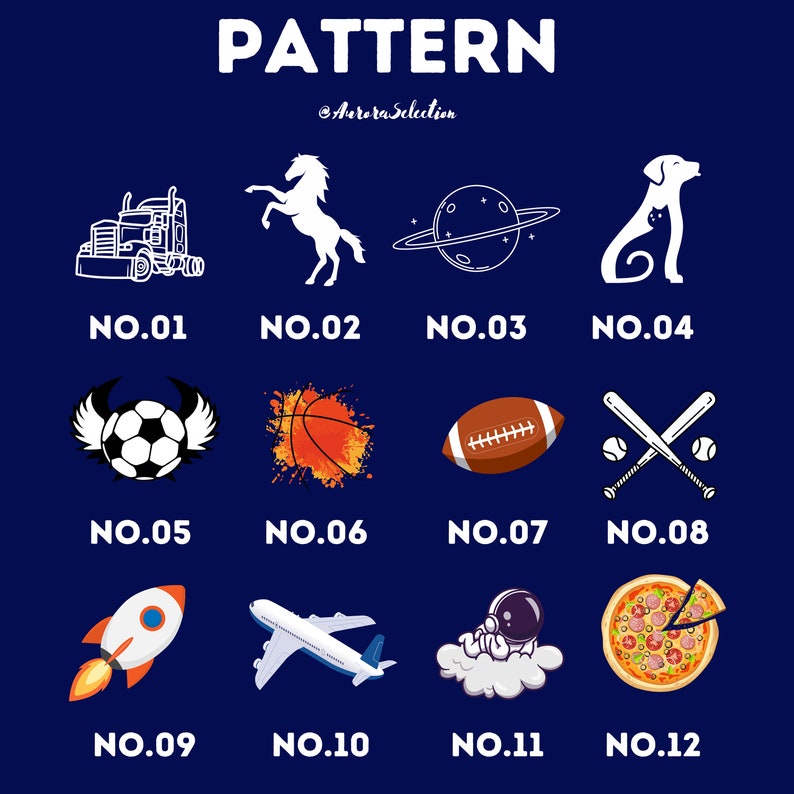 May include: A chart displaying 12 different patterns, each numbered with a white outline. The patterns include a semi-truck, a horse, a planet with rings, a dog, a football with wings, a basketball with orange and yellow paint splatters, an American football, two baseball bats crossed with baseballs, a rocket ship, an aeroplane, a cartoon astronaut in a cloud, and a pizza with pepperoni and sausage.