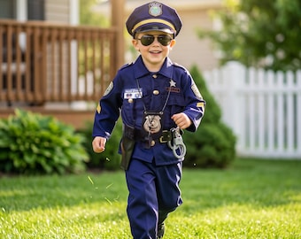 May include: A dark blue police costume featuring a button-down shirt with patches, matching trousers, and a peaked cap with a badge. The outfit includes a black belt with a holster, a plastic badge on a lanyard, a whistle, and toy handcuffs.