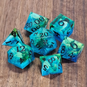Deep Waters | 7 Piece Large Size OOAK Dice Set for TTRPG, DnD, Pathfinder. Handmade Sharp Edge Polyhedral Dice, Tabletop Gift.