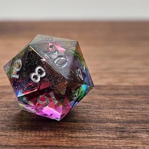 Lit by Love | 7 Piece Large Size OOAK Dice Set for TTRPG, DnD, Pathfinder. Handmade Sharp Edge Polyhedral Dice, Tabletop Gift.