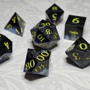 Dark Nebula | 7 Piece Large Size OOAK Dice Set for TTRPG, DnD, Pathfinder. Handmade Sharp Edge Polyhedral Dice, Tabletop Gift