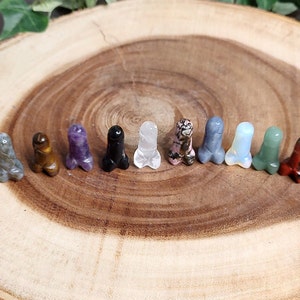 May include: Ten small, carved stone figures in various colors, including gray, brown, purple, black, white, pink, blue, white, green, and red. The figures are arranged in a row on a wooden surface.