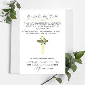 Cartes d'ordination Ordination du pasteur Ordination sacerdotale catholique Invitation à la réception - Modèle téléchargeable DIY PDF 5"x7"