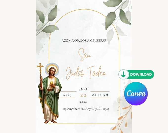 San Judas Baptism Invitation San Judas Tadeo Invitacion Verde Y Oro