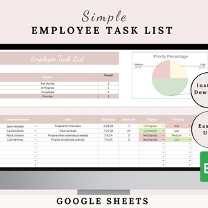 Puede incluir: Una pantalla de computadora que muestra una plantilla de hoja de cálculo de Google Sheets para una lista de tareas de los empleados. La hoja de cálculo incluye columnas para el nombre del empleado, la tarea, la fecha de vencimiento, los días restantes, el estado y la prioridad. La hoja de cálculo también incluye un gráfico circular que muestra el porcentaje de prioridad de las tareas.