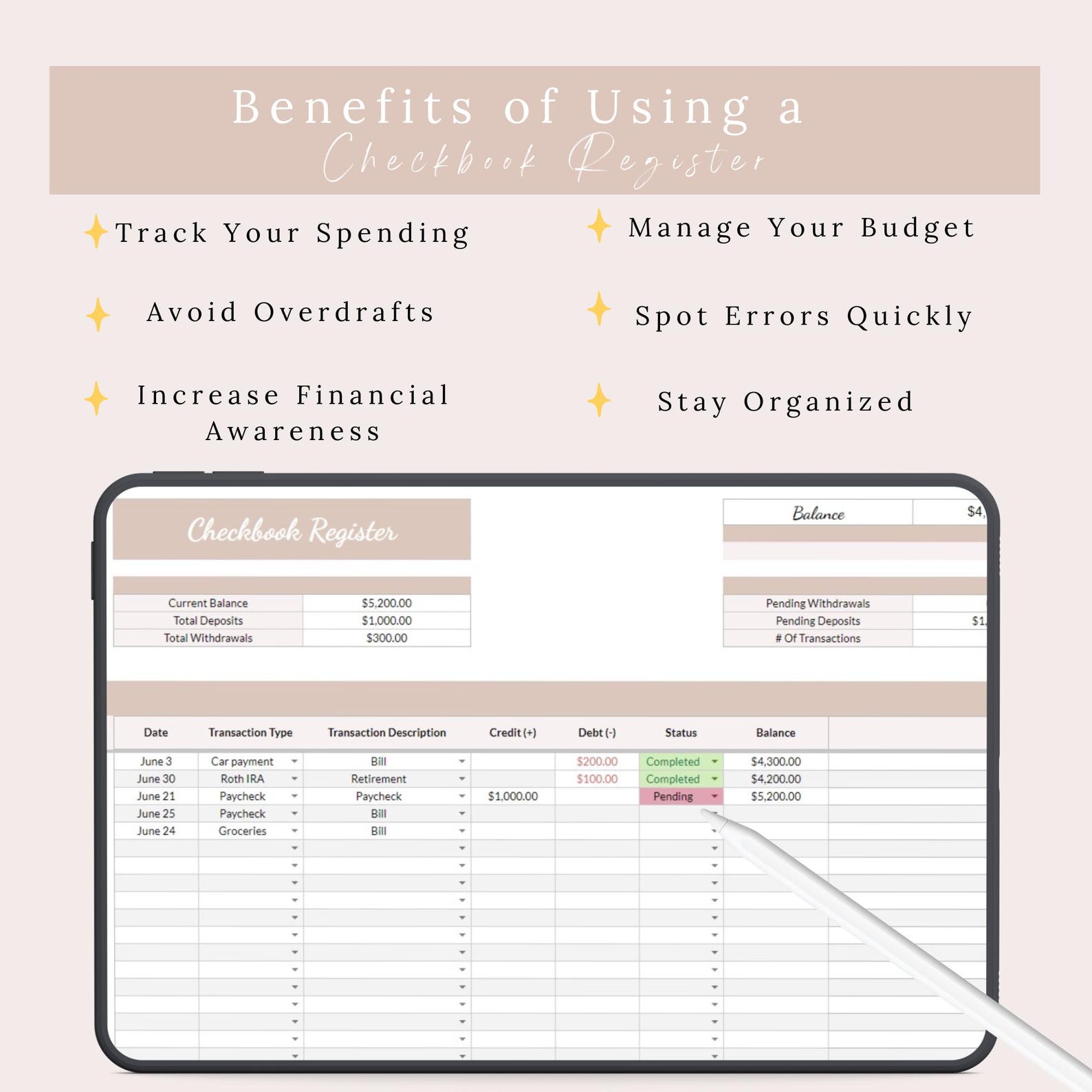 Expense Register Format Checkbook Register, For, Expense Log Digital Checkbook Register ...