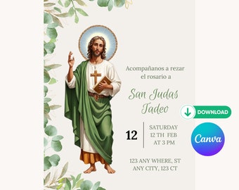 Edytowalne zaproszenie San Judas, zaproszenie San Judas, zaproszenie Rosario, San Judas, różaniec chrztu, San Judas Tadeo