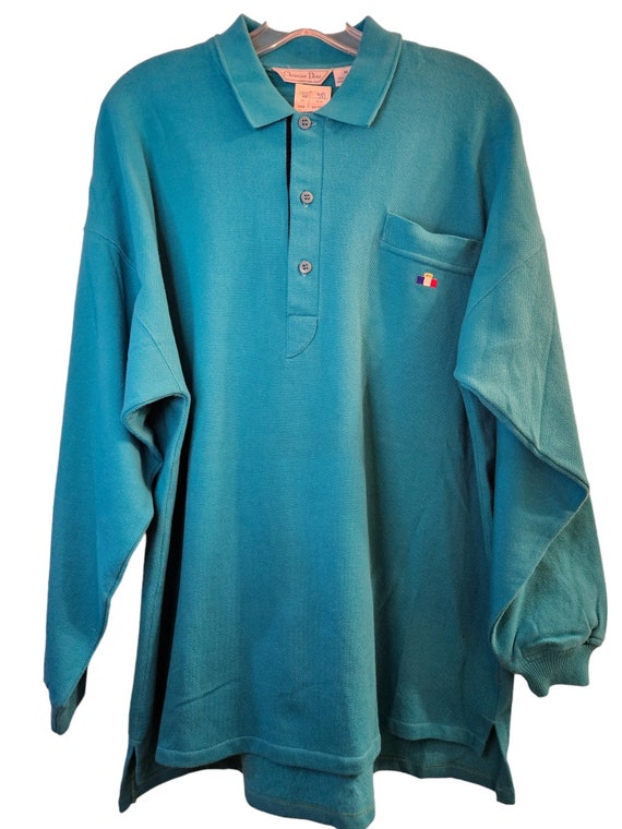 Vintage Men's Designer Turquoise Long Sleeve Polo… - image 1