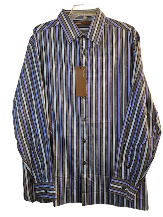 Vintage Perry Ellis Striped Dark Gray & Purple Dress Shirt - Size 