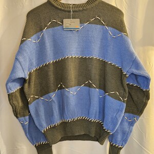 May include: A striped sweater with a blue and green color scheme. The sweater has a crew neck and long sleeves. The sweater has a stitched design on the seams.
