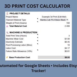 Könnte beinhalten: Ein digitaler 3D-Druck-Kostenrechner, der auf einem Bildschirm angezeigt wird. Der Rechner enthält Projektdetails, Maschinen- und Produktionskosten sowie den Text "Automated for Google Sheets • Includes Etsy Fee Tracker!"