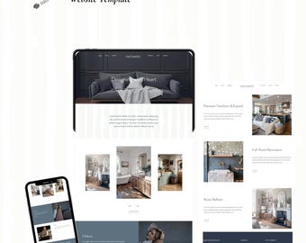 Może przedstawiać: Szablon strony internetowej Squarespace wyświetlony na tablecie i smartfonie, zawierający nazwę marki Enchante. Układ obejmuje sekcję główną z sofą, galerie projektów aranżacji wnętrz oraz ciemnoniebieską stopkę z informacjami kontaktowymi.