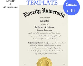 Customizable University Diploma Template with Gold Seal (Canva Editable, PDF)
