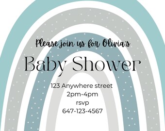Könnte beinhalten: Eine Babyparty-Einladung mit einem Regenbogen-Design in Blautönen und Grau. Der Text lautet "Bitte feiern Sie mit uns Olivia's Babyparty", "123 Anywhere Street", "14:00-16:00 Uhr", "RSVP" und "647-123-4567".