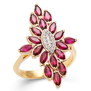 18K Yellow Gold Ruby Ring | Organic Design with Off-White Diamonds | Bold Luxury Statement Ring