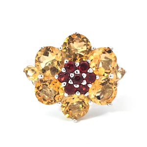 Sterling Silver Flower Ring | Red Garnets & Citrine Gemstone Statement Ring