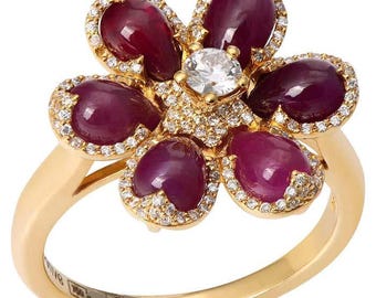 18K Yellow Gold Flower Ring | Diamond Center with Ruby Drops | Nature Inspired Fine Jewelry