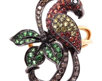 14K Gold Parrot Ring with Blue Sapphires, Rubies & Diamonds | Handmade Colorful Statement Jewelry
