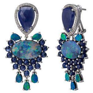 18K Gold Earrings | Opal Blue Sapphire & Diamond | Elegant Gemstone Earrings for Women