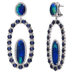 18K White Gold Earrings Featuring Diamonds, Blue Sapphires and Opals