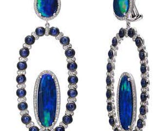 18K White Gold Earrings Featuring Diamonds, Blue Sapphires and Opals