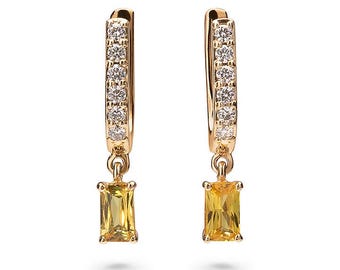 Yellow Sapphire and Diamond Earrings in 14K Yellow Gold | Octagon Cut Gemstone Studs | Fine Handmade Jewelry | Gift for Her
