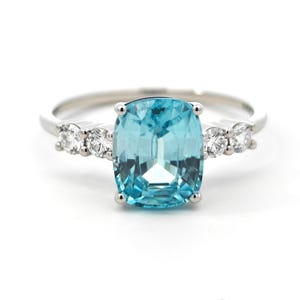 Light Blue Zircon and Diamond Ring in Platinum | Cushion Cut Gemstone Ring | Elegant Handmade Jewelry