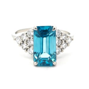 Blue Zircon and Diamond Ring in Platinum | December Birthstone Jewelry | Handmade Fine Ring for Women