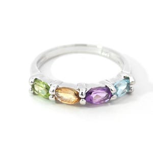 Sterling Silver 4-Stone Ring with Peridot, Blue Topaz, Amethyst & Citrine | Lightweight Colorful Gemstone Band