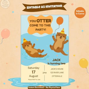 Invitación de cumpleaños de nutria / Invitación de fiesta editable en Canva A5 / Descarga digital / Imprimible con temática de animales lindos para fiesta de cumpleaños infantil