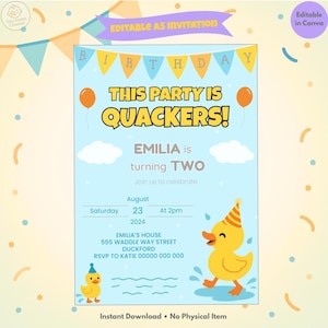 Duck Birthday Invitation Template. A5 Editable Canva Party Invite. Instant Download. Printable Digital Download. Colourful Birthday Invite