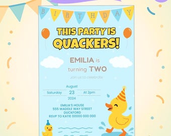 Duck Birthday Invitation Template. A5 Editable Canva Party Invite. Instant Download. Printable Digital Download. Colourful Birthday Invite