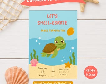 Turtle Birthday Invitation | A5 Editable Canva Party Invite | Digital Download | Ocean Animal Theme Printable for Kids