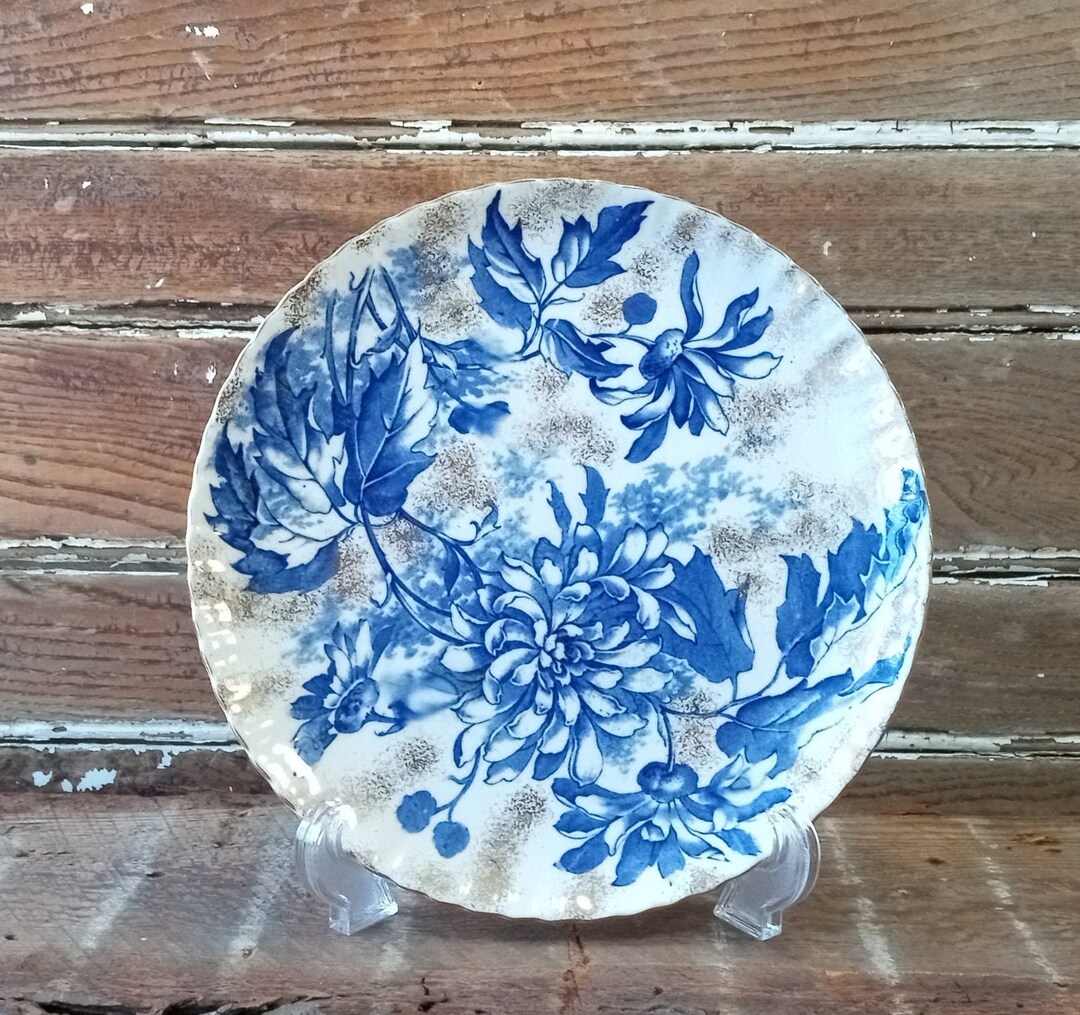 Antique Flow-blue Floral Transferware Plate With Gold Scalloped Edge ...