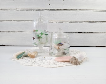 2 Vintage Apothecary Jars with Lids, Clear Glass - Bathroom/Kitchen Storage/Decor