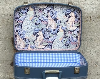 Vintage 1950s Blue Travel-Smart Hard Shell Suitcase, Upcycled in a Whimsical Relined Interior