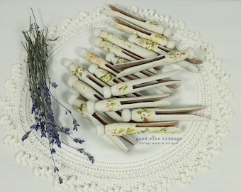 Upcycled 1940s Wood Clothespins, Hand-Painted White & Floral Design - Laundry Room Decor
