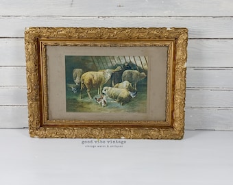 Sheep & Chickens in Barn Chromolithograph, Ornate Gold Gild Wood Frame - 1904 Pastoral Wall Decor
