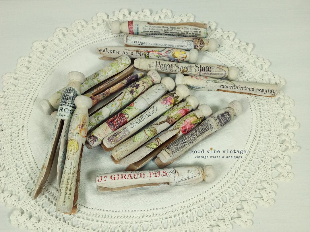 1940s Wood Clothespins, Upcycled White With Images and Typography ...