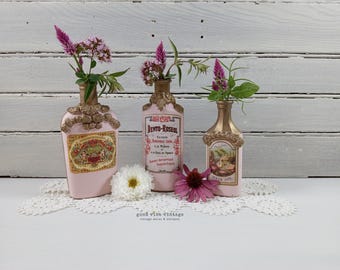 Upcycled Vintage Bottle Decor, Pink with Gold, Hand Painted & Decoupaged, Set of 3
