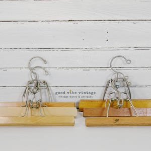 Vintage Wood & Metal Clamp Pant Hangers - 6 Piece Set - Closet Organization, Clothing Storage