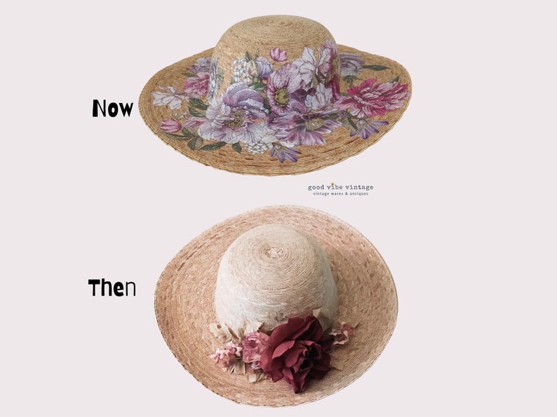May include: Two straw sun hats. The top hat is decorated with painted purple and pink flowers. The bottom hat has a white crown and a large burgundy flower. The text "Now" and "Then" are on the left side of the image. The text "good vibe vintage" is in the middle.