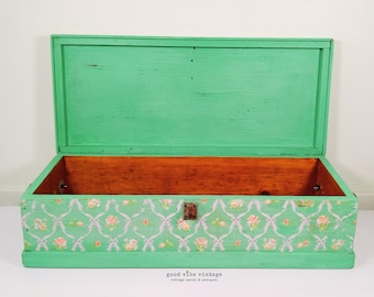 Upcycled Antique Wood Trunk/Chest, Chippy Vintage-Green Milk Paint & Petite Floral Design
