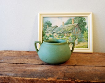 Rare 1930s Dickota Art Pottery Sugar Bowl, Speckled Blue-Green, Matte Glazed