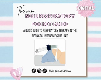 Puede incluir: Una guía digital titulada "The mini NICU Respiratory Pocket Guide" con una guía rápida de terapia respiratoria en la unidad de cuidados intensivos neonatales. Una ilustración muestra a un bebé recibiendo terapia respiratoria.