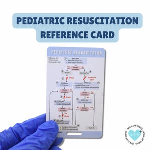Könnte beinhalten: Eine rechteckige Referenzkarte zur pädiatrischen Reanimation mit hellblauem Kopfbereich und weißem Hintergrund. Die Karte zeigt ein detailliertes medizinisches Flussdiagramm mit nummerierten Schritten, Text und Symbolen für HLW und Schocks.