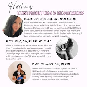 May include: Three women, each with a different background, are pictured with text describing their roles as contributors and reviewers. The text includes their names, credentials, and a brief description of their experience in the field of neonatal nursing.