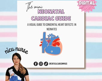 Puede incluir: Una guía digital para la atención cardíaca neonatal. La guía presenta un diagrama visual de un corazón con partes etiquetadas y el texto "The mini NEONATAL CARDIAC GUIDE A VISUAL GUIDE TO CONGENITAL HEART DEFECTS IN NEONATES". La guía está etiquetada como "DIGITAL" y tiene iconos de redes sociales para Facebook, Instagram y TikTok.